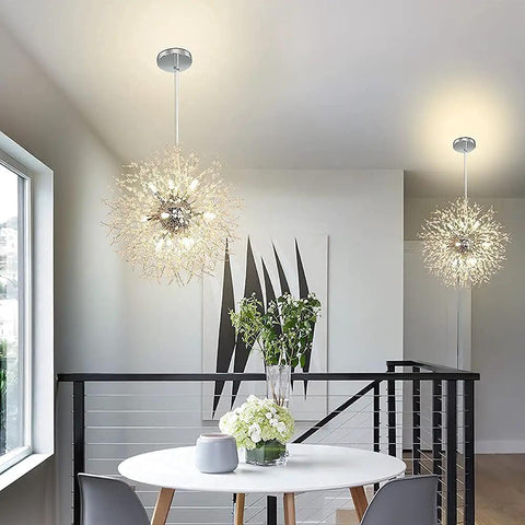 Stylish Crystal Sputnik Chandelier With Dandelion Firework Style, Dope 12 Light Modern Pendant Fixture illuminating dining area.