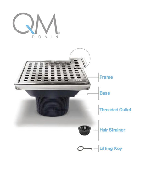 Diagram of Square Shower Drain Kit In Satin Gold Finish With Marine 316 Stainless Steel Grate And ABS Base Lagos Series Mira Line 4 Inch Includes Hair Trap Strainer And Key Dope Durable Bathroom Fixture For Modern Showers showing components including frame, base, threaded outlet, hair strainer, and lifting key."