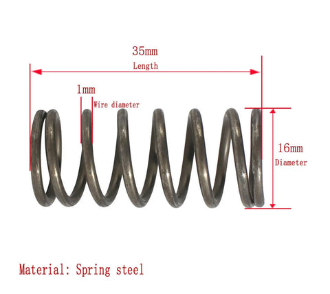 Pack Of 10 High-Duty Black Spring Steel Compression Springs 1mm Wire By 16mm Inside Diameter And 35mm Free Length close-up view with dimensions.