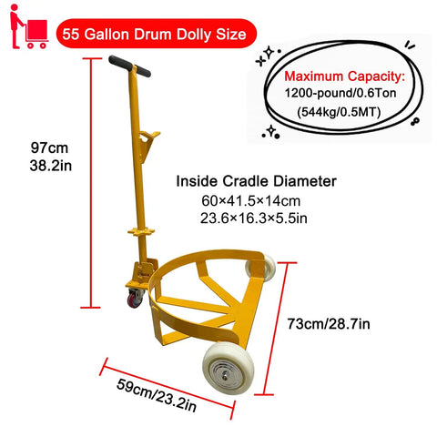Hella Sturdy Steel Drum Dolly Cart Featuring Smooth Rolling Poly Wheels For No Sweat Hauling Of 55 Gallon Barrels and Heavy Tools Built Tough For Everyday Grind with dimensions and weight capacity.