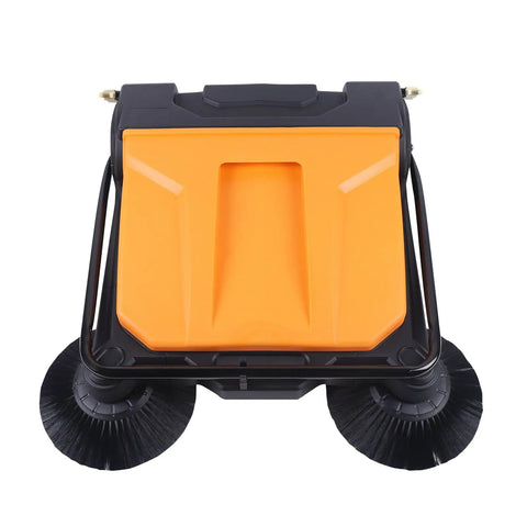 Heavy Duty 26 Inch Walk Behind Floor Sweeper With Foldable Handle And Sturdy Nylon Brushes For Durable Home Garage Cleaning Use No Electricity Needed Easy Maneuver Sweep top view showing sturdy nylon brushes and flat design.