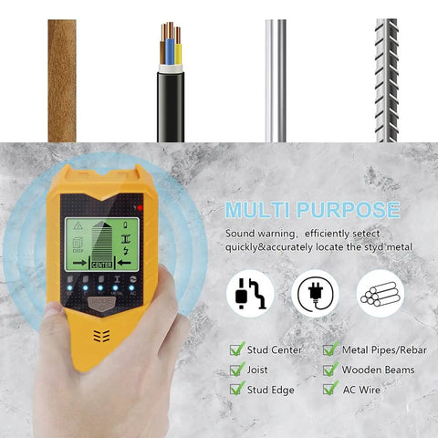 Reliable 5 In 1 Stud Finder Sensor With Bright Lcd Display And Instant Audio Alerts Battery Powered Wall Scanner Detector held in hand with LCD screen showing detection.