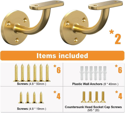 Top Shelf Heavy Duty Two Pack Stainless Steel 304 Wall Mount Handrail Brackets For Wood And Metal Stair Railings with screws and anchors.