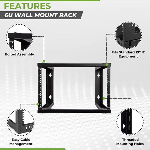 Built Tight 6U Wall Mount Rack Engineered For 19 Inch Server Hardware Open Frame Steel Rack Kicking Out Clean Airflow 16 Inch Deep Handles Max Load Premium Black features bolted assembly and easy cable management.