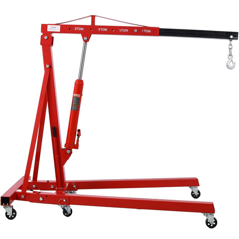 Heavy Duty 2 Ton Folding Engine Hoist Cherry Picker Shop Crane with hydraulic lift, foldable boom, and swivel caster wheels.