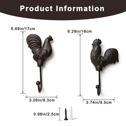 Vintage Cast Iron Rooster And Hen Wall Hooks Bring A Sick Farmhouse Vibe To Your Mudroom Kitchen Or Entryway With These Gutsy Decorative Hooks Adding Real Country Charm While Keeping Hats Bags Towels And Keys In Place Total Must Have Item, showcasing dimensions and mounting options.