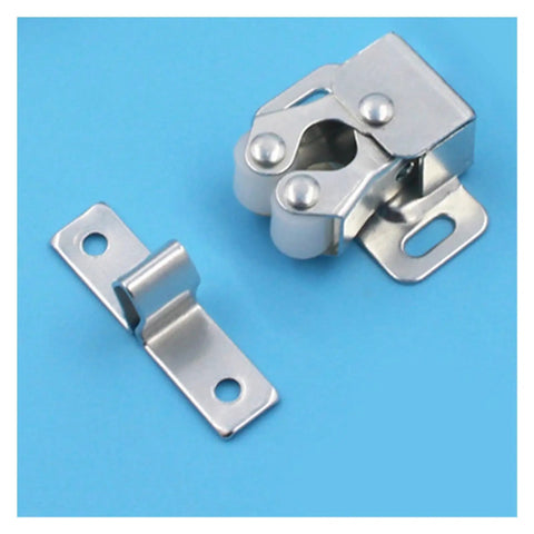 15 Piece Cabinet Latch Kit Featuring Double Roller Spring Ball Catch For Wardrobe Closet Cupboard Door With Smooth Automatic Locking Action And Easy Install Fit, showing a metal latch and catch.