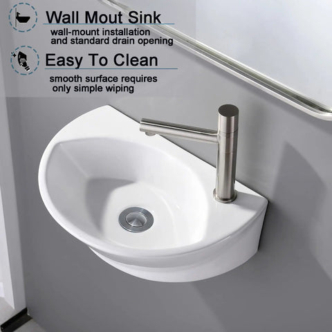Small Wall Mount Porcelain Sink For Tiny Bathrooms And RVs, 16 Inch Long Corner Floating Basin, white ceramic, top view