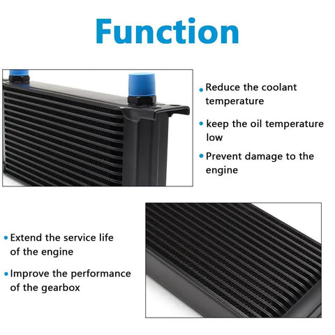 Beefed Up 16 Row AN10 Transmission Oil Cooler Kit With Stacked Plate and adapters, showing cooling features and functions.