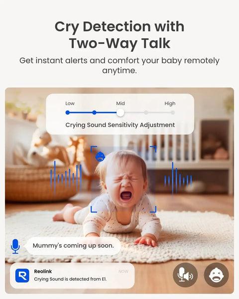 4MP HD Plug In Indoor Security Camera System With Pan Tilt And WiFi 6 Baby Monitor showing crying baby detection feature.