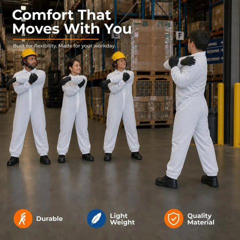 Kick Up Dust Without Breaking A Sweat With These Super Lightweight Disposable Coveralls And Breathable Paint Suit Solid Crawlspace Gear That Stays Cool Handles Messes Like A Champ All Day Long worn by diverse group in industrial setting.