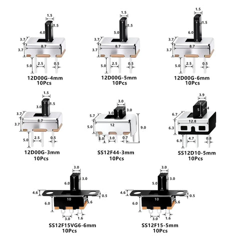 Diagram of SPDT Micro Slide Switch Kit 1P2T 3 Pin Mini Toggle Switches For DIY Panel Mounting 2 Position On Off 80 Pcs with dimensions.