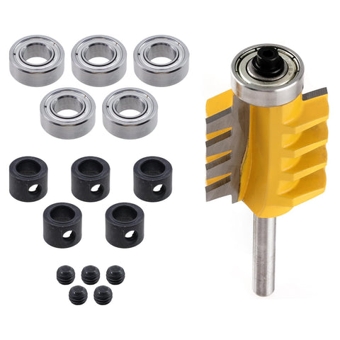 Five Pack Ball Bearing Shank Router Bit Accessory Kit For Quarter Inch Shank Bits Tough Carbide Steel For Long Life Inner Diameter Six Point Three Five Millimeter Outer Diameter Six Point Three Five Millimeter Bottom Mounted Bearings To Handle Fast showing components
