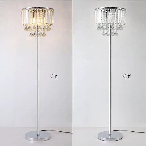 Cozy Elegant Modern Crystal Floor Lamp With Chrome Finish, 59 Inch Tall, Three Lights Lit Crystal Column Lamp On and Off View