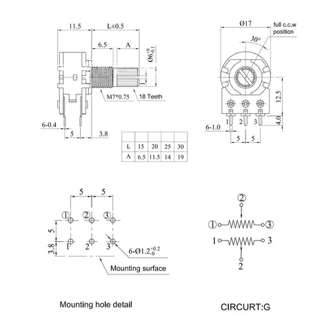 Technical diagram of 5 Pack WH148 50K Potentiometers 6 Pin 15mm Shaft Dual Linear Rotary Pots For Audio Volume Control Light Dimming