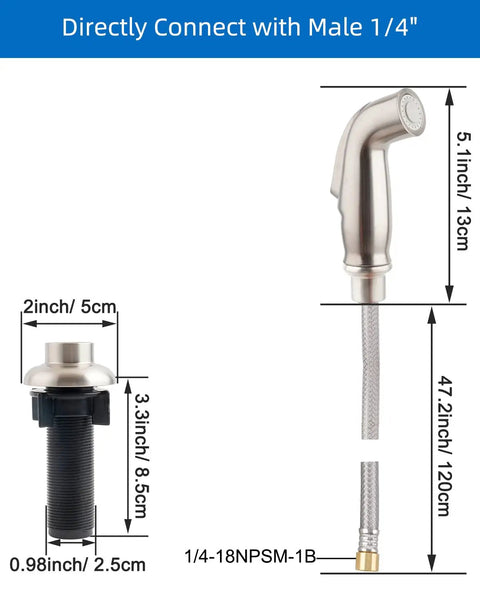 Versatile Kitchen Sink Side Sprayer With Quick Connector 1/4 Inch Female Thread Hose Fitting Brushed Nickel Finish with measurements