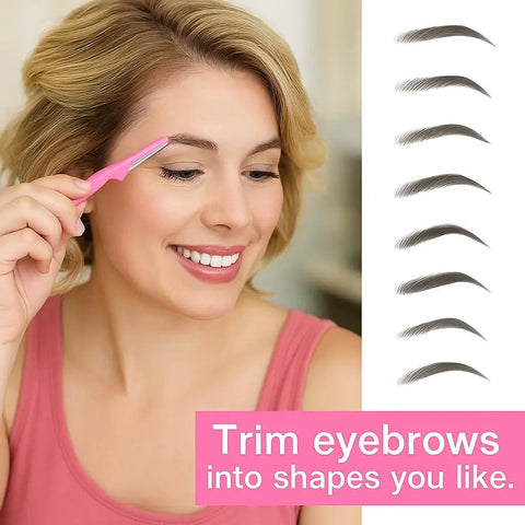 Six Piece Eyebrow Razor Kit For Her Or Him Is A Total Game Changer That Works Like Magic To Strip Facial Hair And Dermaplaning Skin While The Snug Cover Keeps Your Routine Easy Peasy And Always Clean with a person using a pink eyebrow razor.