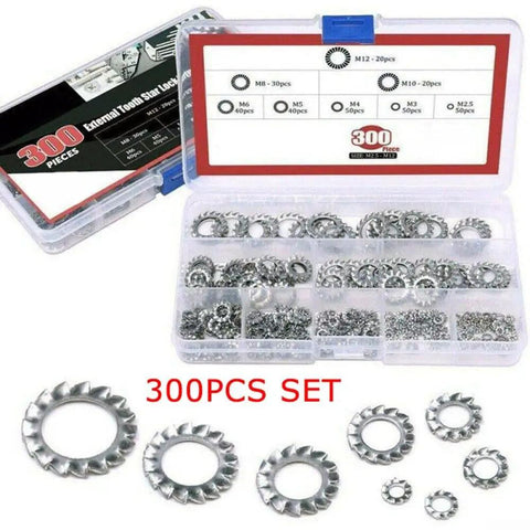 300 Piece External Star Lock Washers Kit in 304 Stainless Steel, Metric M2.5-M12 assortment with organized set case visible