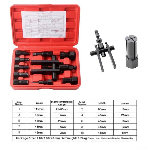 No Sweat Motorcycle Wheel Bearing Puller Set Featuring Ten Quick Grip Tools Sized Eight To Twenty Five Mm For Fast Inner Bearing Extraction Stored Inside A Rugged Carry Case.