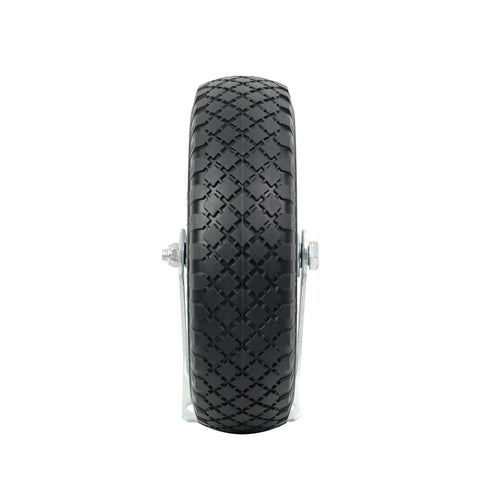 12 Inch Flat Free Foam Filled Rubber Swivel Caster with knobby tread for grip, side view showing structure, 330 lb capacity.