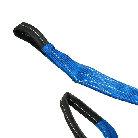 Close-up of Zero Hassle Heavy Duty Tow Strap 3 X 30 Ft with black non-marking hitch loops and reinforced blue polyester material.