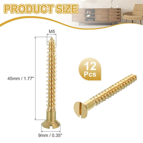 Brass Slotted Flat Head Wood Screws M5 X 45mm Self Tapping Fasteners For Indoor Furniture Appliances And Woodworking Pack of 12