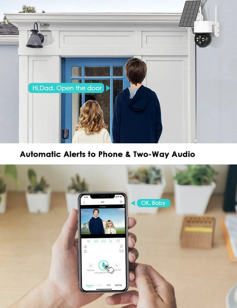 2K Light Bulb Security Camera With 360 Degree Panoramic View mounted outside, two-way audio in use with phone app control.