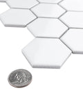 Close-up of 2 Inch Hex Glossy White Porcelain Mosaic Tile For Floors And Walls Mesh Mounted 11-1/8 By 12-5/8 Inches showing edge detail
