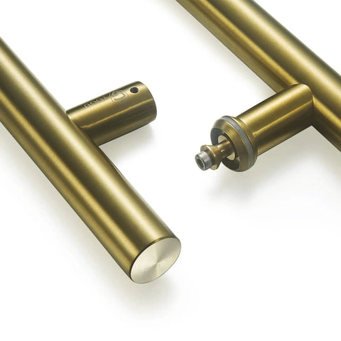 24 Inch Solid Standoffs Built Tough Commercial Grade 304 Stainless Steel Push Pull Door Handle Satin Gold Finish For Barn Doors Glass Pulls Easy Mounting And Long Lasting Performance For Pro Installations, close-up of pair