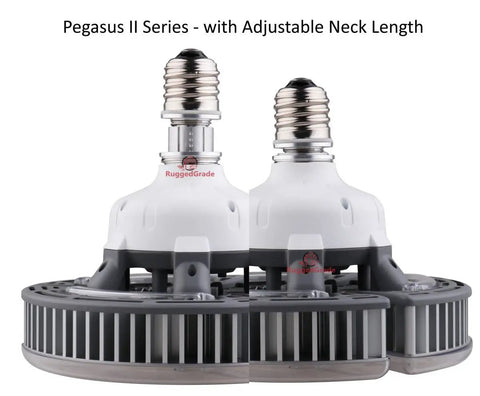 Pegasus II Series 120W LED High Bay Light Workhorse Bulb with adjustable neck, E39 base, front view