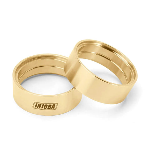 Two gold brass inner beadlock rings, 1.3 inch, INJORA logo, for 1/24 and 1/18 RC crawlers, 27g each, anti roll over stability upgrade