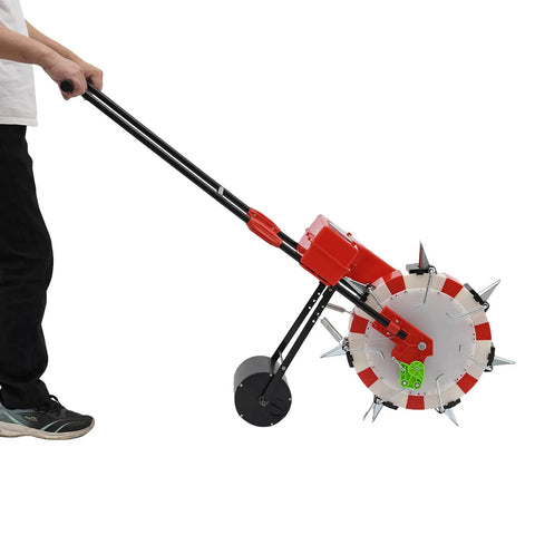 Person using Hand Push Garden Seeder Roller Seeding Tool with 7 Nozzles, walk-behind design, and adjustable depth