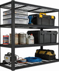 Heavy Duty 4 Tier Metal Storage Shelf With 2240 Lbs Total Capacity Adjustable Free Standing Organizer For Garage Basement And Warehouse Ultra Rugged Industrial Grade Thick Steel Frame Built To Be A Real Workhorse For Heavy Storage filled with tools and supplies.