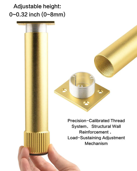 Switch Up Your Setup With These Durable Adjustable Furniture Legs Crafted From Heavy Aluminum Alloy Featuring Quick Height Tweaks On Twist Base, gold leg design with detailed adjustment mechanism.