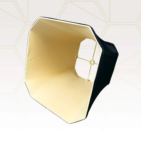 Square Cut Corner Bell Lamp Shade Two Pack In Black With Gold Lining 7.5 x 12 x 10.25 Silk Type Shantung Or Linen Fabric Softback Off White Lining Standard Spider Fitter Brass Finish showing interior gold lining and spider fitter.