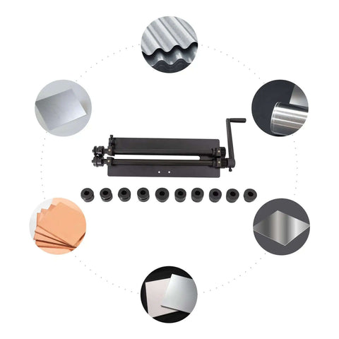 Bead Roller Pro Grade Sheet Metal Machine For Auto Body Fabrication 18 Inch Beading Roller With 6 Dies shown with metal samples