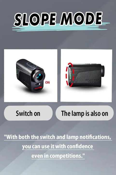 Pocket Friendly Golf Laser Rangefinder With Slope Toggle And Pin Lock Mode displays Slope Mode with switch and lamp indicators.