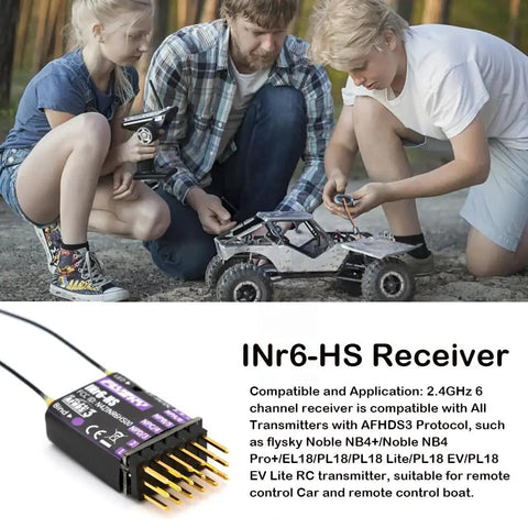 Children playing with RC car using Six Channel AFHDS 3 RC Receiver With Dual Antenna For RC Cars Drones And Boats INr6 HS PWM PPM IBUS SBUS Output Compatible With Flysky Noble NB4 Pro Plus Transmitters Height Sensor Built In For Game Ready Smooth Reliable Control module visible