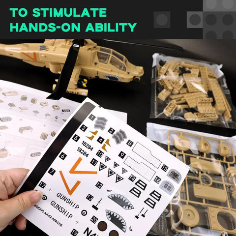 One Thirty Scale AH 64 Apache Helicopter Model Kit unassembled with decals, instruction manual, and parts on display