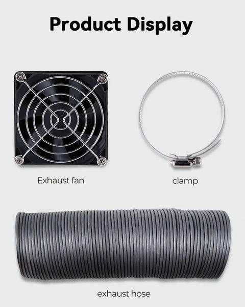 Fume Extraction Kit With 4000 RPM High Efficiency Fan showing fan, clamp, and exhaust hose for 3D printer enclosures.
