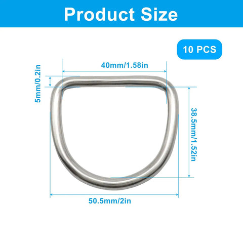 10 Pack Stainless Steel D Ring 1.5 Inch Beefy Heavy Duty Welded Rings For Tie Downs And Lashing Seamless Weld Construction No Weak Spots Load Bearing Hardware For Trailers Camping Gear Outdoor Projects size diagram, 10 pcs