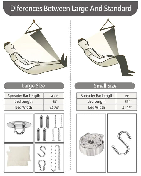 Comparison chart of large and small hammock chairs showing dimensions and hardware, focusing on oversized hammock chair with rope swing and two cushions, 500 lb capacity for indoor outdoor relaxation, perfect patio porch backyard hangout, easy setup with hanging hardware kit, rainbow.