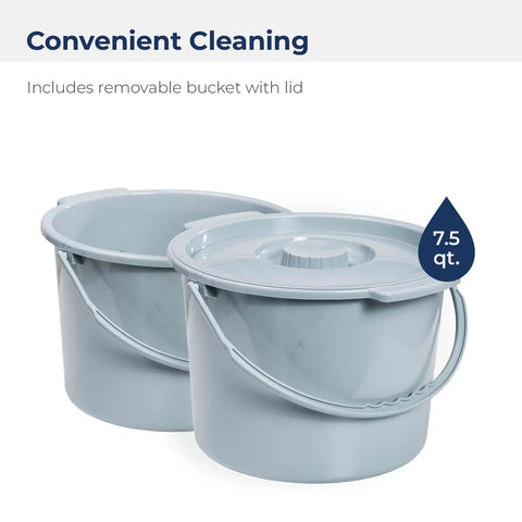 Foldable Steel Bedside Commode Chair 3 In 1 Raised Toilet Seat And Bathroom Safety Frame Featuring Pretty Dang Sturdy 350 Lb Capacity Portable Gray Commode For No Sweat Recovery with a grey removable bucket and lid.