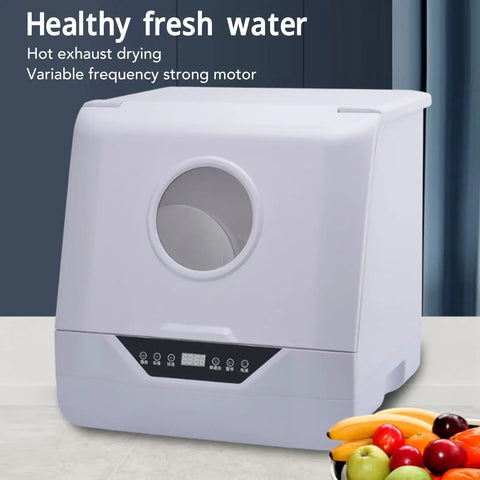 Real Deal Portable Countertop Dishwasher With Foolproof Leak Seal For Dorms Apartments RV Offices Generous Tub shown with digital controls and fruit.