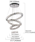 LED Crystal Chandelier With 4 Ring Design, Modern Stainless Steel Pendant Light, adjustable up to 47 inches, shown in spiral shape.