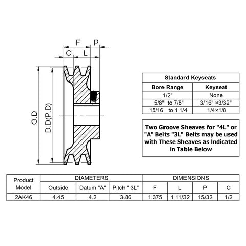 Technical diagram of Double Groove V Belt Pulley With 1 Inch Bore And 4.45 Inch Outer Diameter Cast Iron Sheave For A AX 3L 4L V Belts 2AK461 Pulley