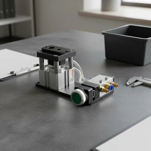 Edge Banding Punch With Double Hole Pneumatic System Aluminum Alloy Housing CNC Finished Compact Cabinet Maker Tool For Furniture Assembly 8/15mm Double Hole Puncher Fast Setup Precise Alignment Smooth Clean Finishes, black aluminum alloy pneumatic punch on workbench