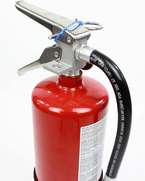 Rock Solid 5 Lb Abc Fire Extinguisher With Pressure Gauge And Wall Hook Ul Certified Dry Chemical Powder top view of nozzle and handle.