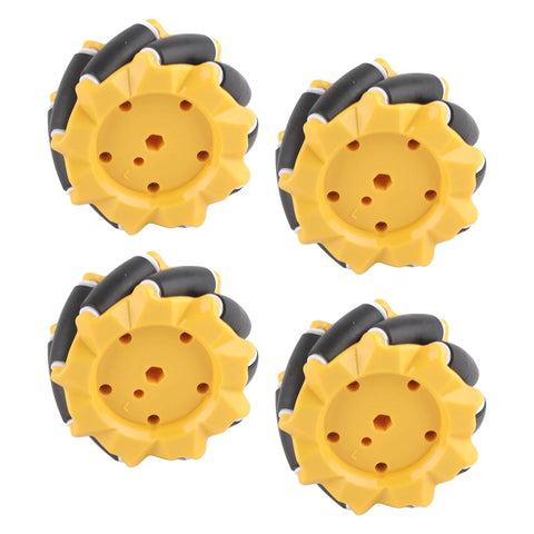 Mecanum Wheel Set for DIY Robot Cars, yellow and black wheels for omni-directional movement, enhancing precision in robotics projects.