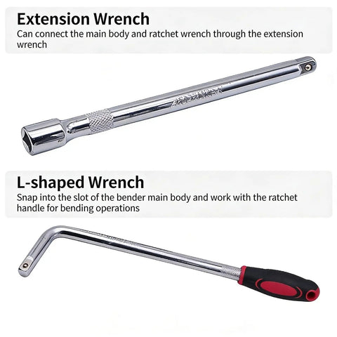 Pro Level Manual Wire Bender Kit Straight Up Heavy Duty No Sweat 0 To 90 Degree Adjustable Cable Shaper showing extension and L-shaped wrenches.